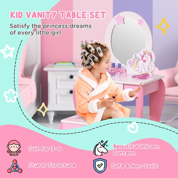 HOMCOM Kids Dressing Table, Girls Dressing Table w/ Mirror & Stool, Unicorn Play Toy for Age 3-6 Years, Acrylic Mirror, Pink & White Aosom UK