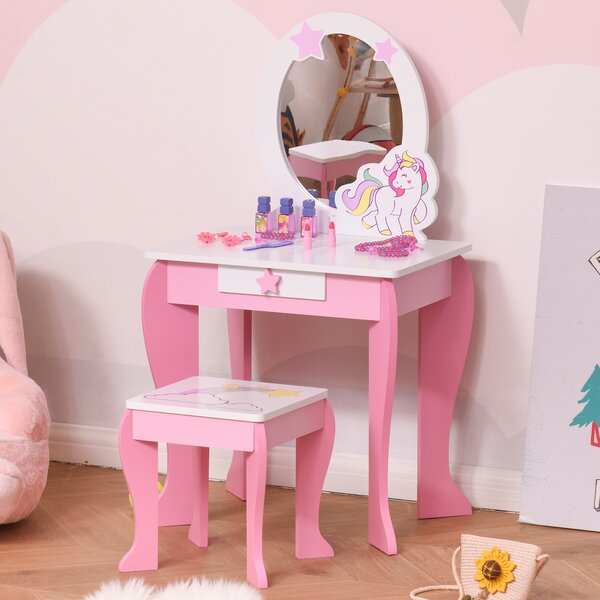 HOMCOM Kids Dressing Table, Girls Dressing Table w/ Mirror & Stool, Unicorn Play Toy for Age 3-6 Years, Acrylic Mirror, Pink & White Aosom UK
