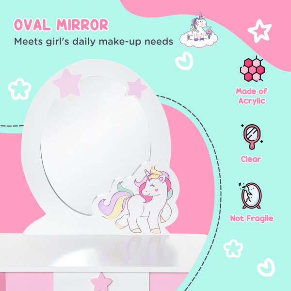 HOMCOM Kids Dressing Table, Girls Dressing Table w/ Mirror & Stool, Unicorn Play Toy for Age 3-6 Years, Acrylic Mirror, Pink & White Aosom UK