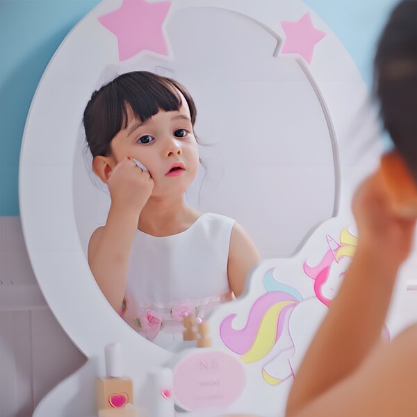 HOMCOM Kids Dressing Table, Girls Dressing Table w/ Mirror & Stool, Unicorn Play Toy for Age 3-6 Years, Acrylic Mirror, Pink & White Aosom UK