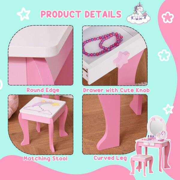HOMCOM Kids Dressing Table, Girls Dressing Table w/ Mirror & Stool, Unicorn Play Toy for Age 3-6 Years, Acrylic Mirror, Pink & White Aosom UK