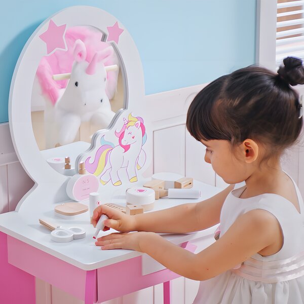 HOMCOM Kids Dressing Table, Girls Dressing Table w/ Mirror & Stool, Unicorn Play Toy for Age 3-6 Years, Acrylic Mirror, Pink & White Aosom UK
