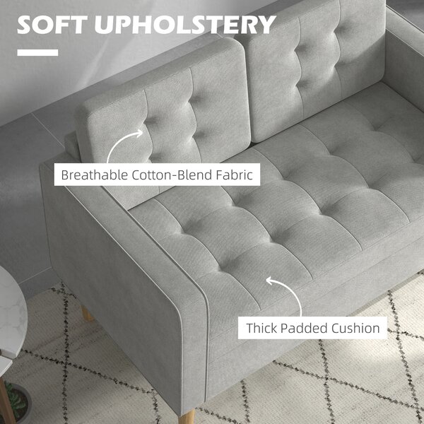 HOMCOM Modern 2 Seater Sofa with Hidden Storage, 117cm Tufted Cotton Couch, Compact Loveseat Sofa with Wood Legs, Light Grey