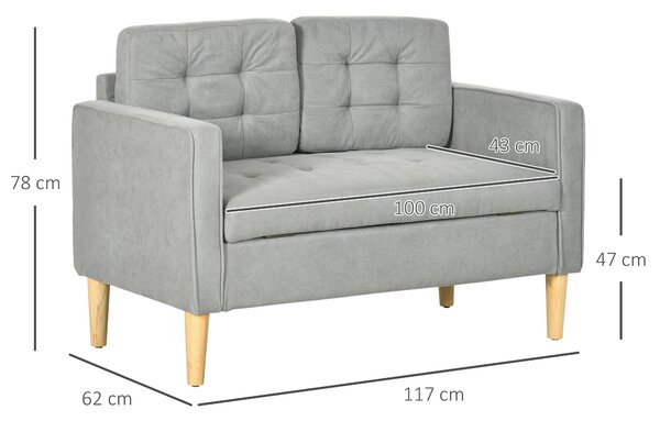 HOMCOM Modern 2 Seater Sofa with Hidden Storage, 117cm Tufted Cotton Couch, Compact Loveseat Sofa with Wood Legs, Light Grey