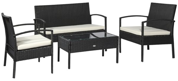 Outsunny Rattan 4-Seater Garden Furniture Set, Outdoor Patio Wicker Chairs and Table, Black and Cream