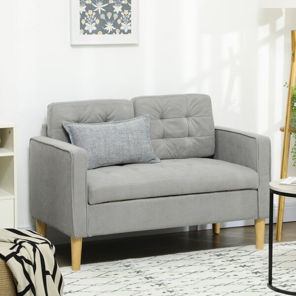 HOMCOM Modern 2 Seater Sofa with Hidden Storage, 117cm Tufted Cotton Couch, Compact Loveseat Sofa with Wood Legs, Light Grey