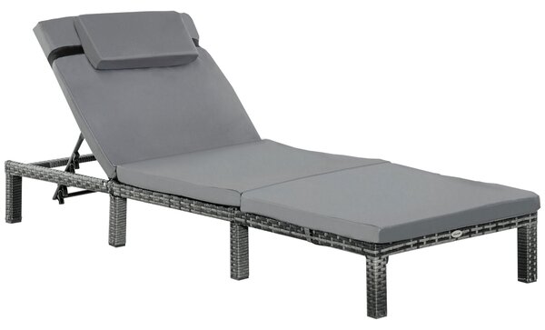 Outsunny Garden Outdoor Rattan Furniture Patio Sun Lounger Recliner Reclining Chair Bed Fire Resistant Sponge, Grey