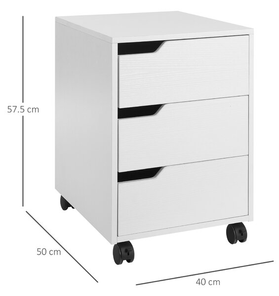 HOMCOM 3 Drawer Mobile File Cabinet, Vertical Filing Cabinet with Wheels for Home Office, White