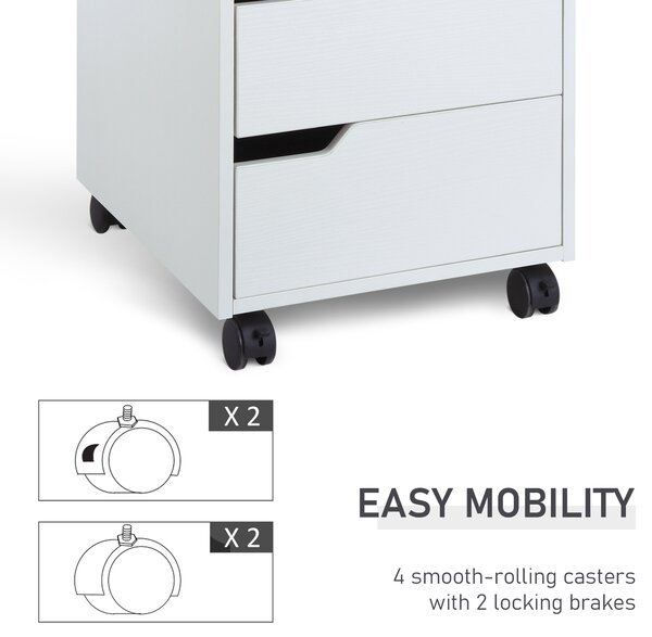 HOMCOM 3 Drawer Mobile File Cabinet, Vertical Filing Cabinet with Wheels for Home Office, White