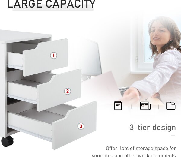 HOMCOM 3 Drawer Mobile File Cabinet, Vertical Filing Cabinet with Wheels for Home Office, White