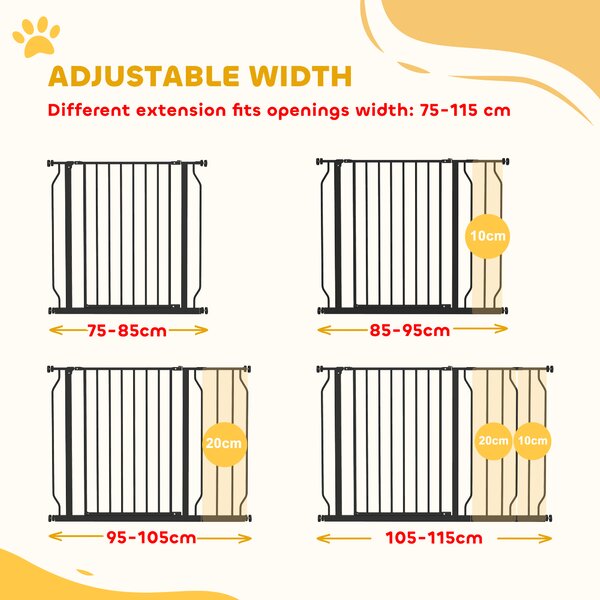 PawHut Dog Gate Dog Gate for Stairs Stays w/ Double Locking System for Doorways, Corridors, Staircases, 75-115Wcm, Black Aosom UK