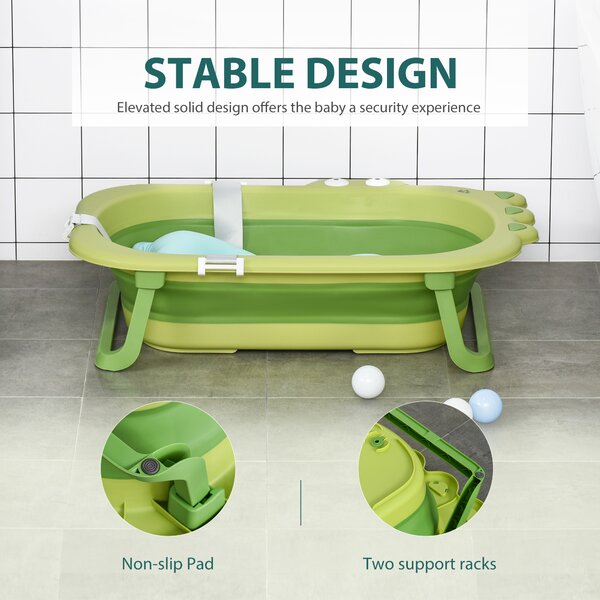 HOMCOM Foldable Baby Bath Tub, Ergonomic, Secure, Non-Slip, Portable with Infant Cushion, for 0-3 Years, Green Aosom UK
