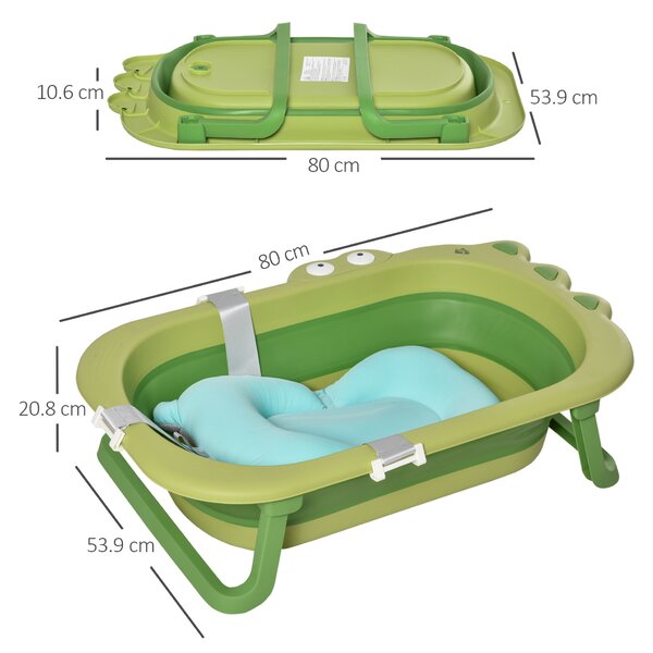 HOMCOM Foldable Baby Bath Tub, Ergonomic, Secure, Non-Slip, Portable with Infant Cushion, for 0-3 Years, Green Aosom UK