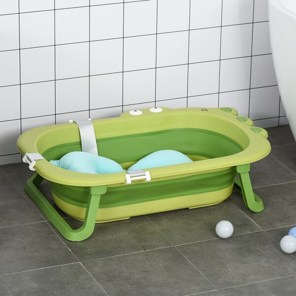 HOMCOM Foldable Baby Bath Tub, Ergonomic, Secure, Non-Slip, Portable with Infant Cushion, for 0-3 Years, Green Aosom UK
