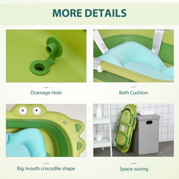 HOMCOM Foldable Baby Bath Tub, Ergonomic, Secure, Non-Slip, Portable with Infant Cushion, for 0-3 Years, Green Aosom UK