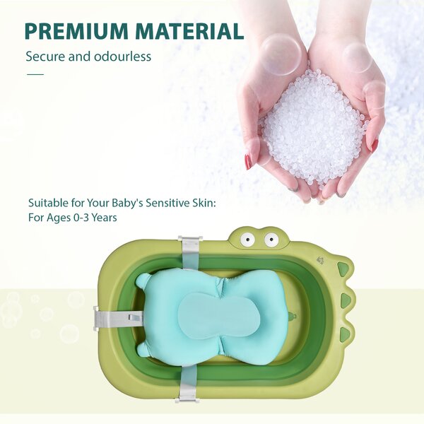HOMCOM Foldable Baby Bath Tub, Ergonomic, Secure, Non-Slip, Portable with Infant Cushion, for 0-3 Years, Green Aosom UK