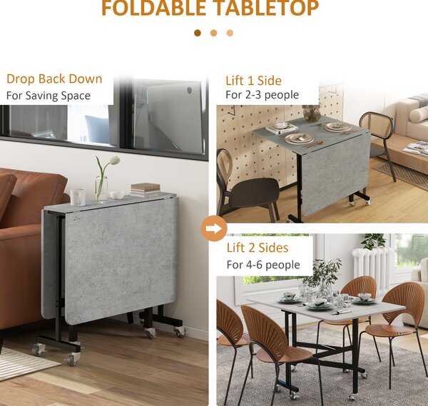 HOMCOM Drop Leaf Dining Table, Folding Kitchen Table with Metal Frame, Rolling Kitchen Dining Table for Small Spaces, Grey Aosom UK
