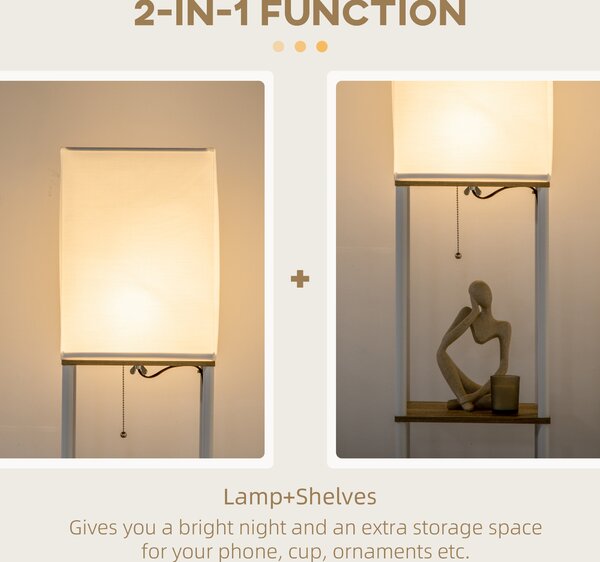 HOMCOM Floor Lamp with Shelves, Floor Standing Lamp w/ 3 Layer Shelf, Fabric Lampshade, Pull Chain Switch for Living Room, Bedroom, White Aosom UK