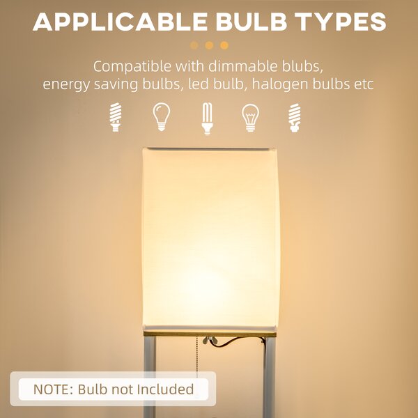 HOMCOM Floor Lamp with Shelves, Floor Standing Lamp w/ 3 Layer Shelf, Fabric Lampshade, Pull Chain Switch for Living Room, Bedroom, White Aosom UK