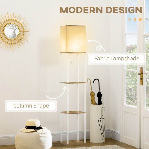 HOMCOM Floor Lamp with Shelves, Floor Standing Lamp w/ 3 Layer Shelf, Fabric Lampshade, Pull Chain Switch for Living Room, Bedroom, White Aosom UK