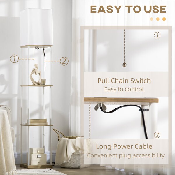 HOMCOM Floor Lamp with Shelves, Floor Standing Lamp w/ 3 Layer Shelf, Fabric Lampshade, Pull Chain Switch for Living Room, Bedroom, White Aosom UK