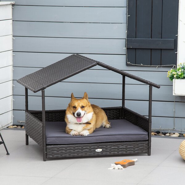PawHut Rattan Dog House, Elevated Wicker Pet Bed Lounge with Removable Cushion and Canopy, for Small and Medium Dogs, 98 x 69 x 73cm - Grey Aosom UK