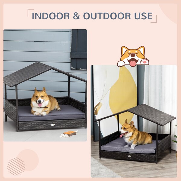 PawHut Rattan Dog House, Elevated Wicker Pet Bed Lounge with Removable Cushion and Canopy, for Small and Medium Dogs, 98 x 69 x 73cm - Grey Aosom UK