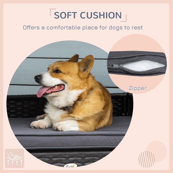 PawHut Rattan Dog House, Elevated Wicker Pet Bed Lounge with Removable Cushion and Canopy, for Small and Medium Dogs, 98 x 69 x 73cm - Grey Aosom UK