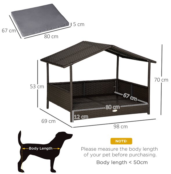 PawHut Rattan Dog House, Elevated Wicker Pet Bed Lounge with Removable Cushion and Canopy, for Small and Medium Dogs, 98 x 69 x 73cm - Grey Aosom UK