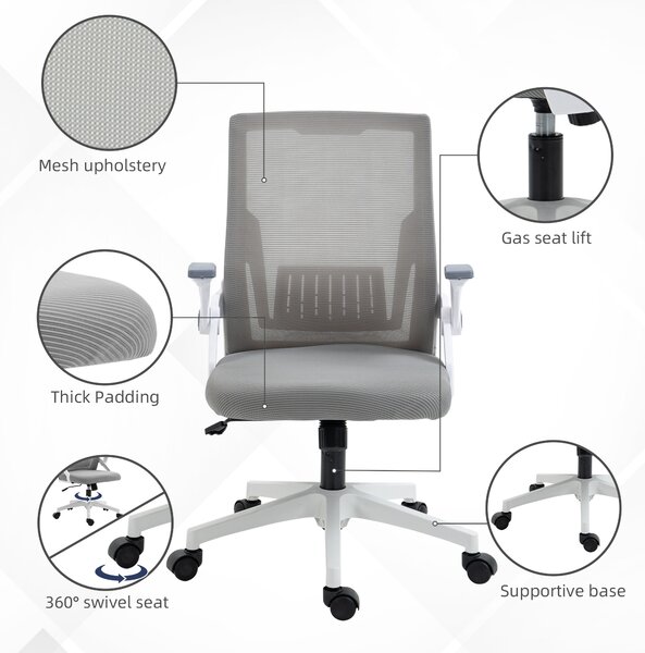 Vinsetto Swivel Office Chair, Dynamic Mesh Office Chair with Flip-Up Armrests, Adjustable Lumbar & Wheels, Grey Aosom UK