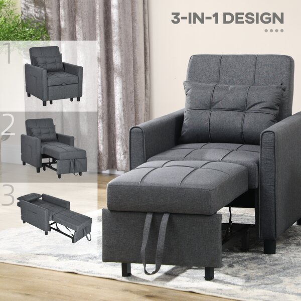 HOMCOM 3-In-1 Linen-Look Single Chair Bed with 11cm Thick Adjustable Back Fold Out Chair Bed with Eucalyptus Wood Sofa Frame - Grey Aosom UK