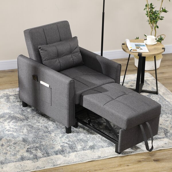 HOMCOM 3-In-1 Linen-Look Single Chair Bed with 11cm Thick Adjustable Back Fold Out Chair Bed with Eucalyptus Wood Sofa Frame - Grey Aosom UK