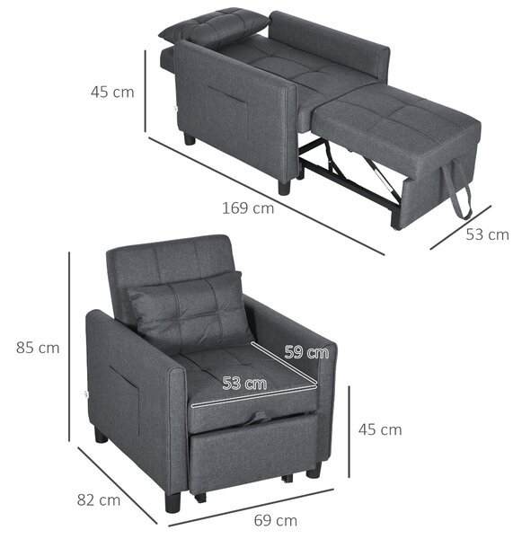 HOMCOM 3-In-1 Linen-Look Single Chair Bed with 11cm Thick Adjustable Back Fold Out Chair Bed with Eucalyptus Wood Sofa Frame - Grey Aosom UK