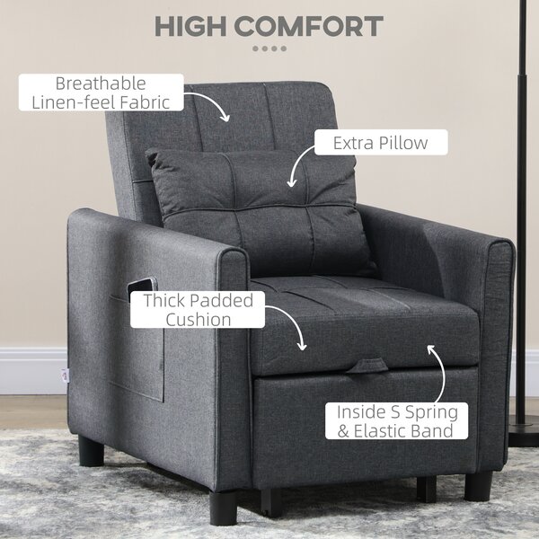 HOMCOM 3-In-1 Linen-Look Single Chair Bed with 11cm Thick Adjustable Back Fold Out Chair Bed with Eucalyptus Wood Sofa Frame - Grey Aosom UK