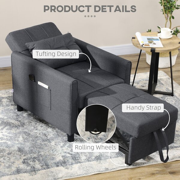HOMCOM 3-In-1 Linen-Look Single Chair Bed with 11cm Thick Adjustable Back Fold Out Chair Bed with Eucalyptus Wood Sofa Frame - Grey Aosom UK