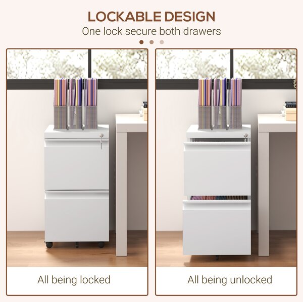 Vinsetto Mobile Steel Filing Cabinet, 2-Drawer Lockable Unit on Wheels with Adjustable Hanging Bar for Various File Sizes, White Aosom UK