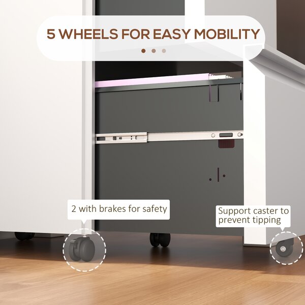 Vinsetto Mobile Steel Filing Cabinet, 2-Drawer Lockable Unit on Wheels with Adjustable Hanging Bar for Various File Sizes, White Aosom UK