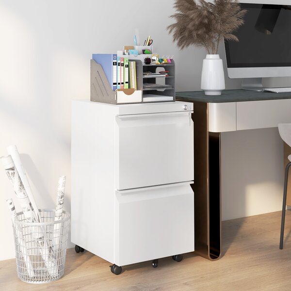 Vinsetto Mobile Steel Filing Cabinet, 2-Drawer Lockable Unit on Wheels with Adjustable Hanging Bar for Various File Sizes, White Aosom UK