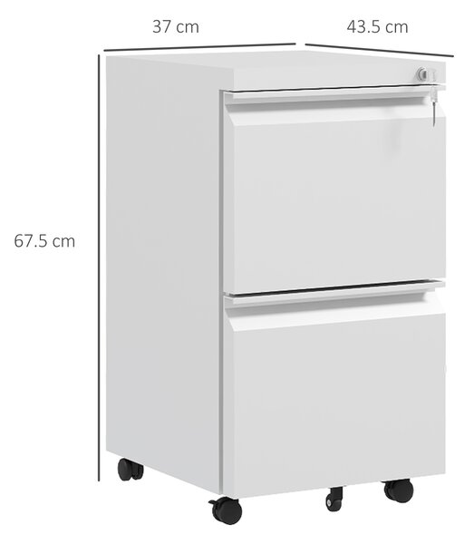 Vinsetto Mobile Steel Filing Cabinet, 2-Drawer Lockable Unit on Wheels with Adjustable Hanging Bar for Various File Sizes, White Aosom UK