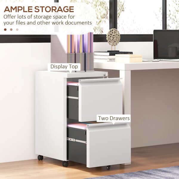 Vinsetto Mobile Steel Filing Cabinet, 2-Drawer Lockable Unit on Wheels with Adjustable Hanging Bar for Various File Sizes, White Aosom UK