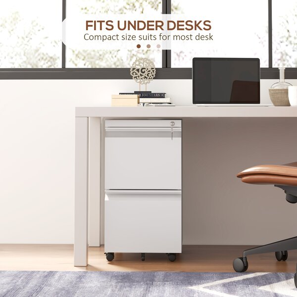 Vinsetto Mobile Steel Filing Cabinet, 2-Drawer Lockable Unit on Wheels with Adjustable Hanging Bar for Various File Sizes, White Aosom UK