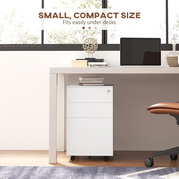 Vinsetto 3 Drawer Small Filing Cabinet w/ Lock & Pencil Tray, Steel Mobile File Cabinet w/ Adjustable Hanging Bar for Office Storage, White Aosom UK