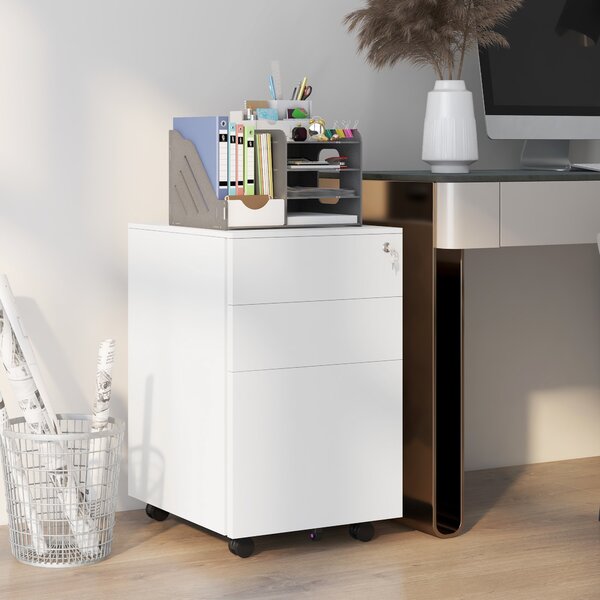 Vinsetto 3 Drawer Small Filing Cabinet w/ Lock & Pencil Tray, Steel Mobile File Cabinet w/ Adjustable Hanging Bar for Office Storage, White Aosom UK