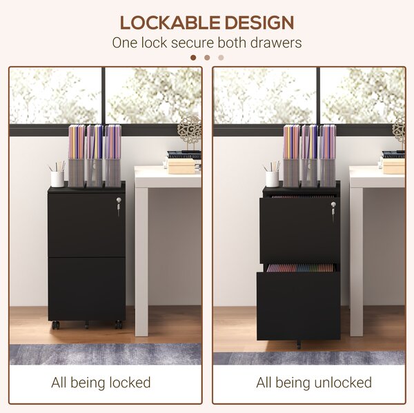 Vinsetto 2-Drawer Vertical Filing Cabinet with Lock, Steel Mobile File Cabinet with Hanging Bar for A4, Legal and Letter Size, Black Aosom UK