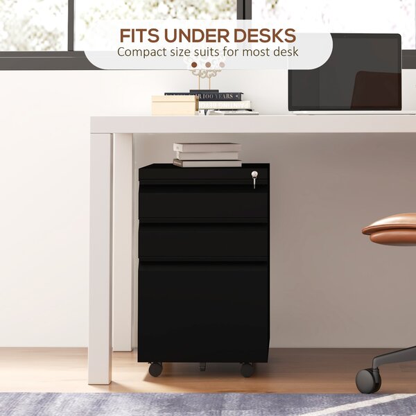 Vinsetto Steel Mobile File Cabinet, 3-Drawer, Lockable, Wheels, Pencil Tray, for A4/Legal, Black Aosom UK