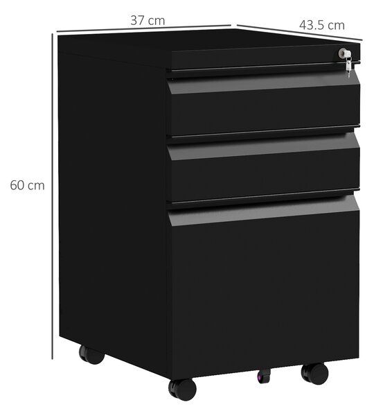 Vinsetto Steel Mobile File Cabinet, 3-Drawer, Lockable, Wheels, Pencil Tray, for A4/Legal, Black Aosom UK
