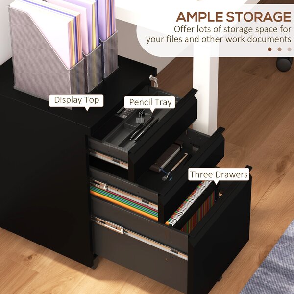 Vinsetto Steel Mobile File Cabinet, 3-Drawer, Lockable, Wheels, Pencil Tray, for A4/Legal, Black Aosom UK