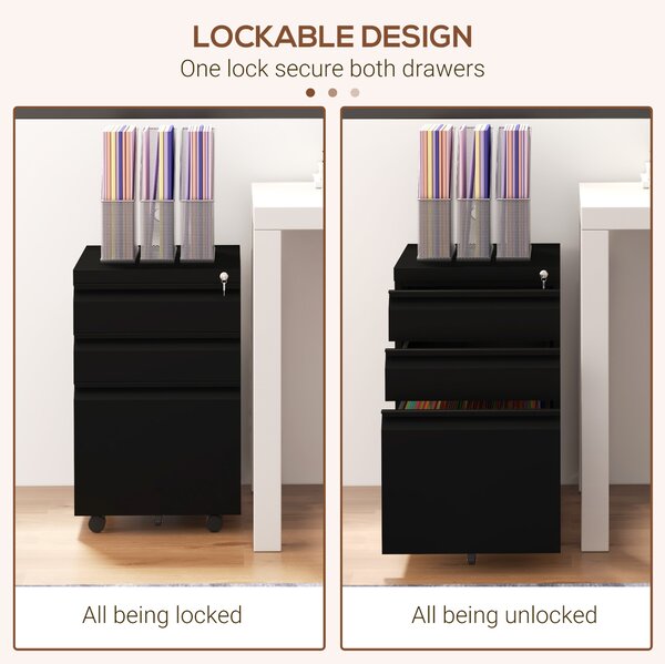 Vinsetto Steel Mobile File Cabinet, 3-Drawer, Lockable, Wheels, Pencil Tray, for A4/Legal, Black Aosom UK