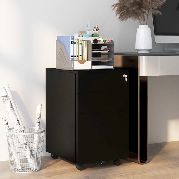 Vinsetto 3-Drawer Vertical Filing Cabinet w/ Lock & Pencil Tray, Steel Mobile File Cabinet w/ Adjustable Hanging Bar for A4, Legal Size Aosom UK