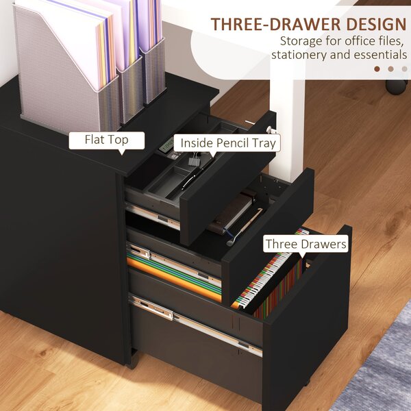 Vinsetto 3-Drawer Vertical Filing Cabinet w/ Lock & Pencil Tray, Steel Mobile File Cabinet w/ Adjustable Hanging Bar for A4, Legal Size Aosom UK